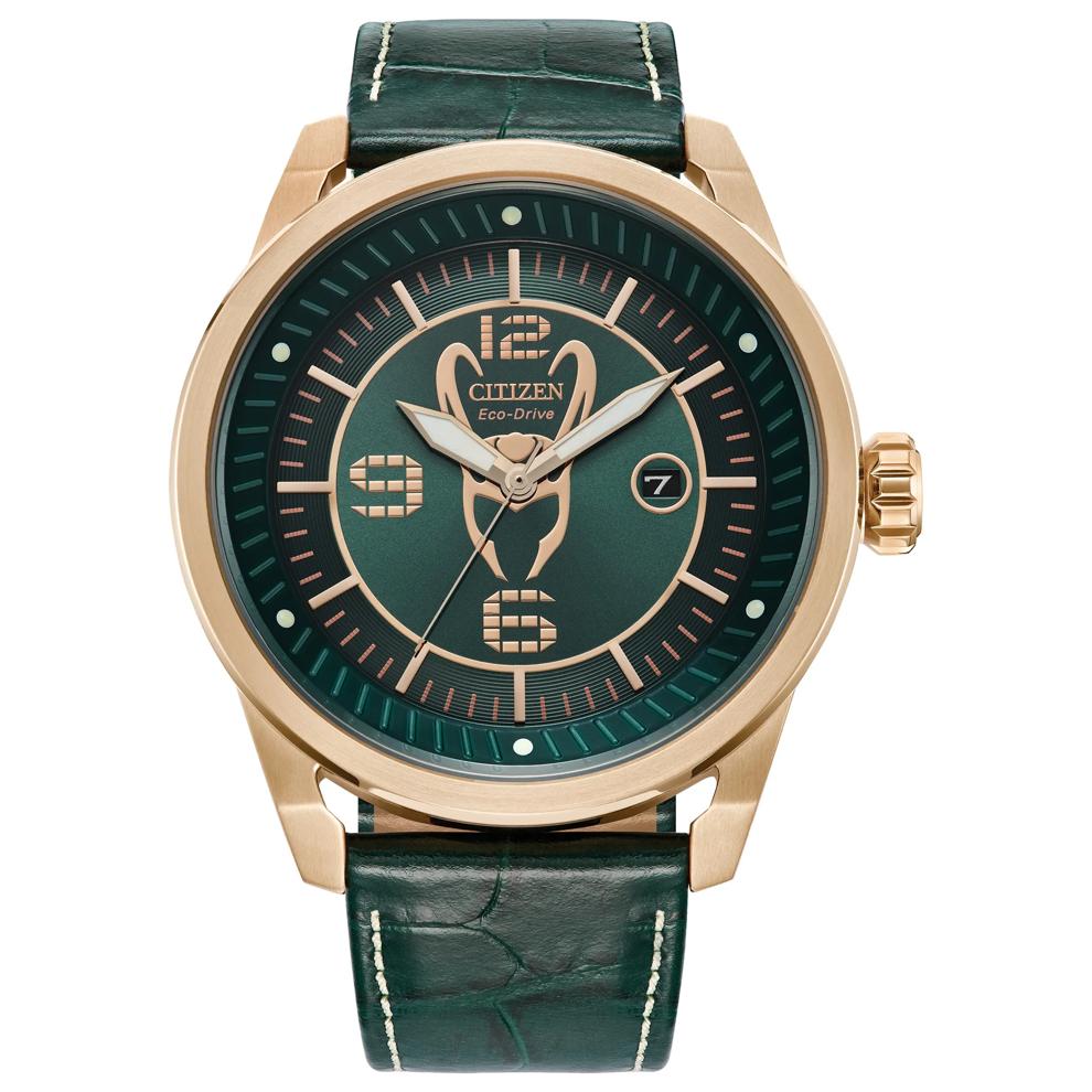 Men's Marvel Loki Watch in Green Leather and Gold-Tone Stainless Steel, 45MM – Image 1 of 3