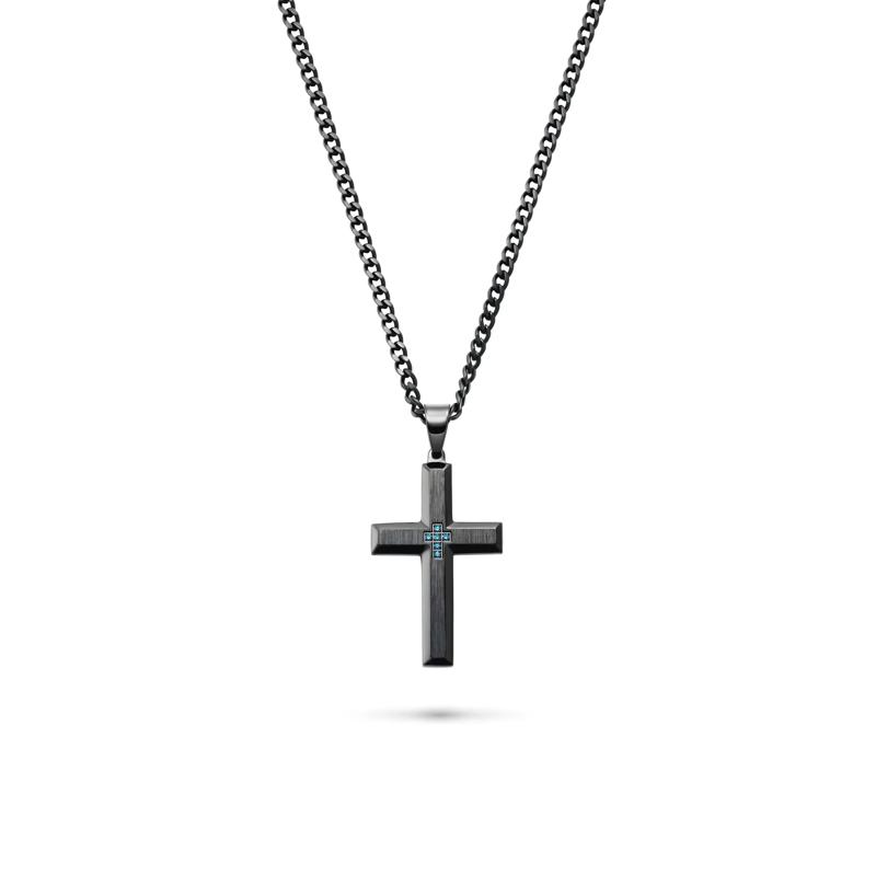 Men&#39;s Blue Diamond Cross Pendant in Stainless Steel – Image 1 of 1
