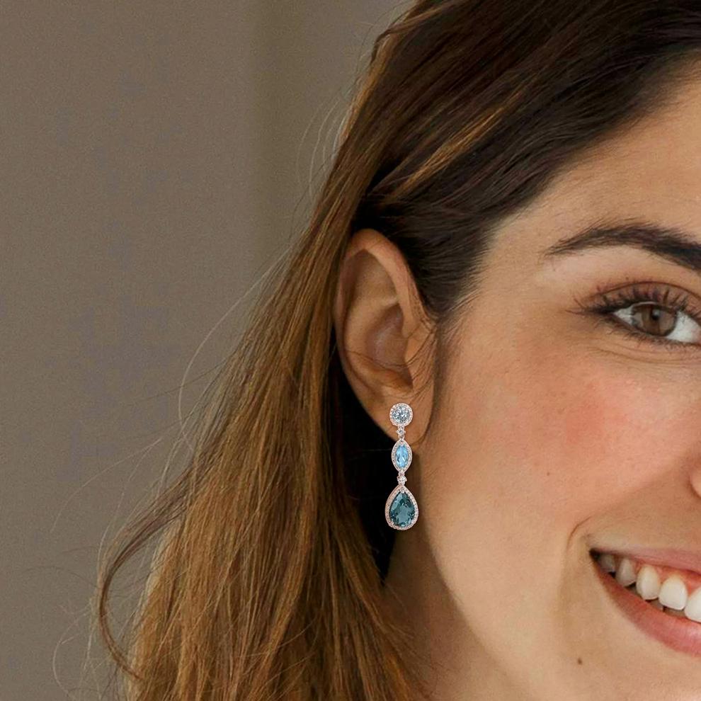 Mixed Blue Topaz, White Sapphire &amp; Diamond Drop Earrings in 14K White Gold (5/8 ct. tw.) – Image 3 of 4