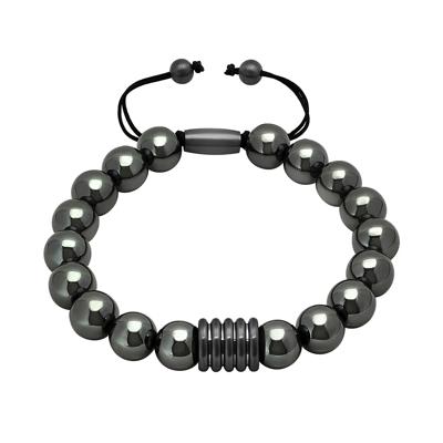 Men's Grey Hematite Beaded Bolo Bracelet in Stainless Steel