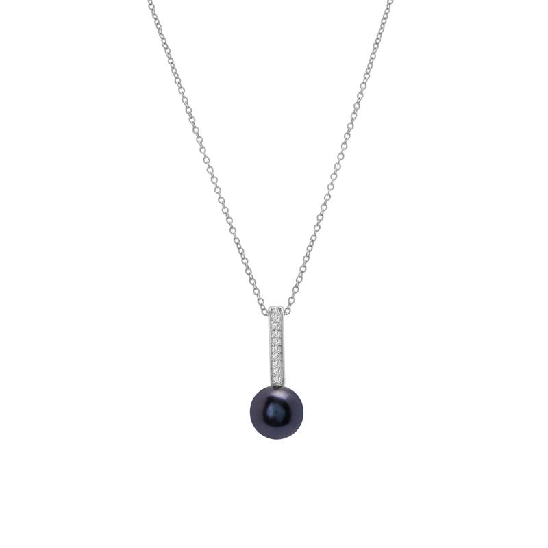 Black Pearl and Lab-Created White Sapphire Drop Pendant in 10K White Gold – Image 1 of 4