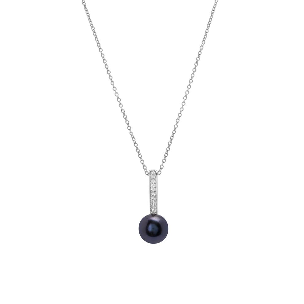 Black Pearl and Lab-Created White Sapphire Drop Pendant in 10K White Gold – Image 1 of 4