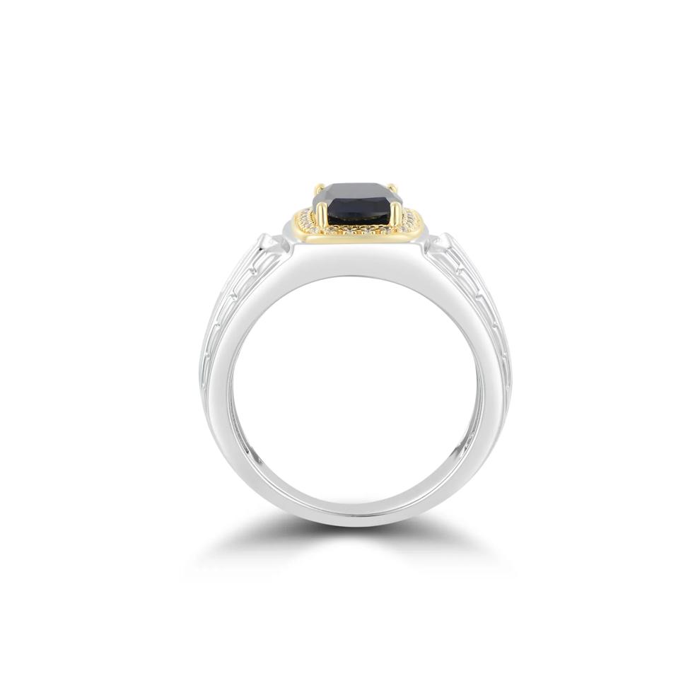 Men's Lab-Created Blue Sapphire and Diamond Ring in Sterling Silver and 10K Yellow Gold (1/8 ct. tw.) – Image 2 of 3