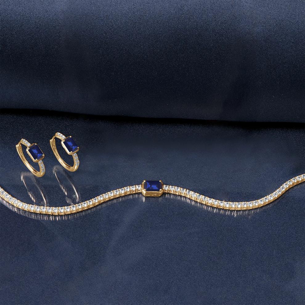 Lab-Created Blue Sapphire and White Sapphire Prong Hoops in Vermeil – Image 2 of 2