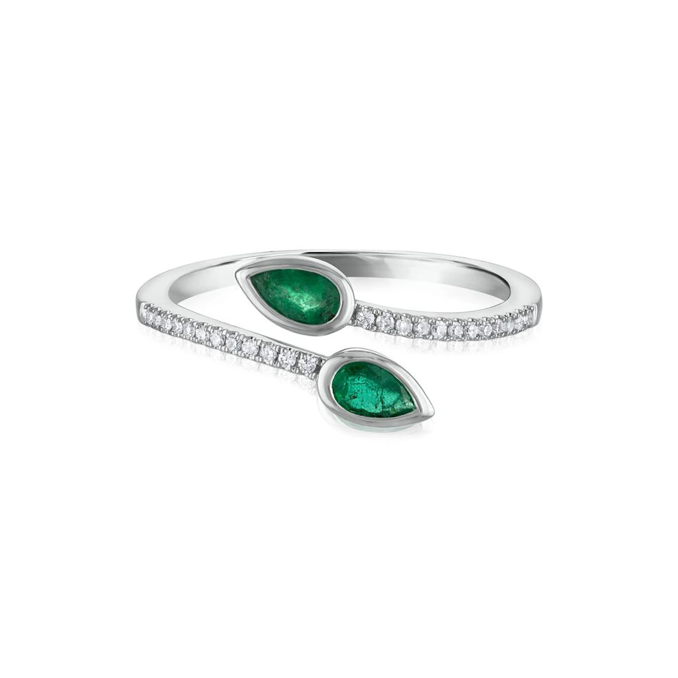 Diamond and Emerald Wrap Ring in 10K White Gold (1/10 ct. tw.) – Image 1 of 3