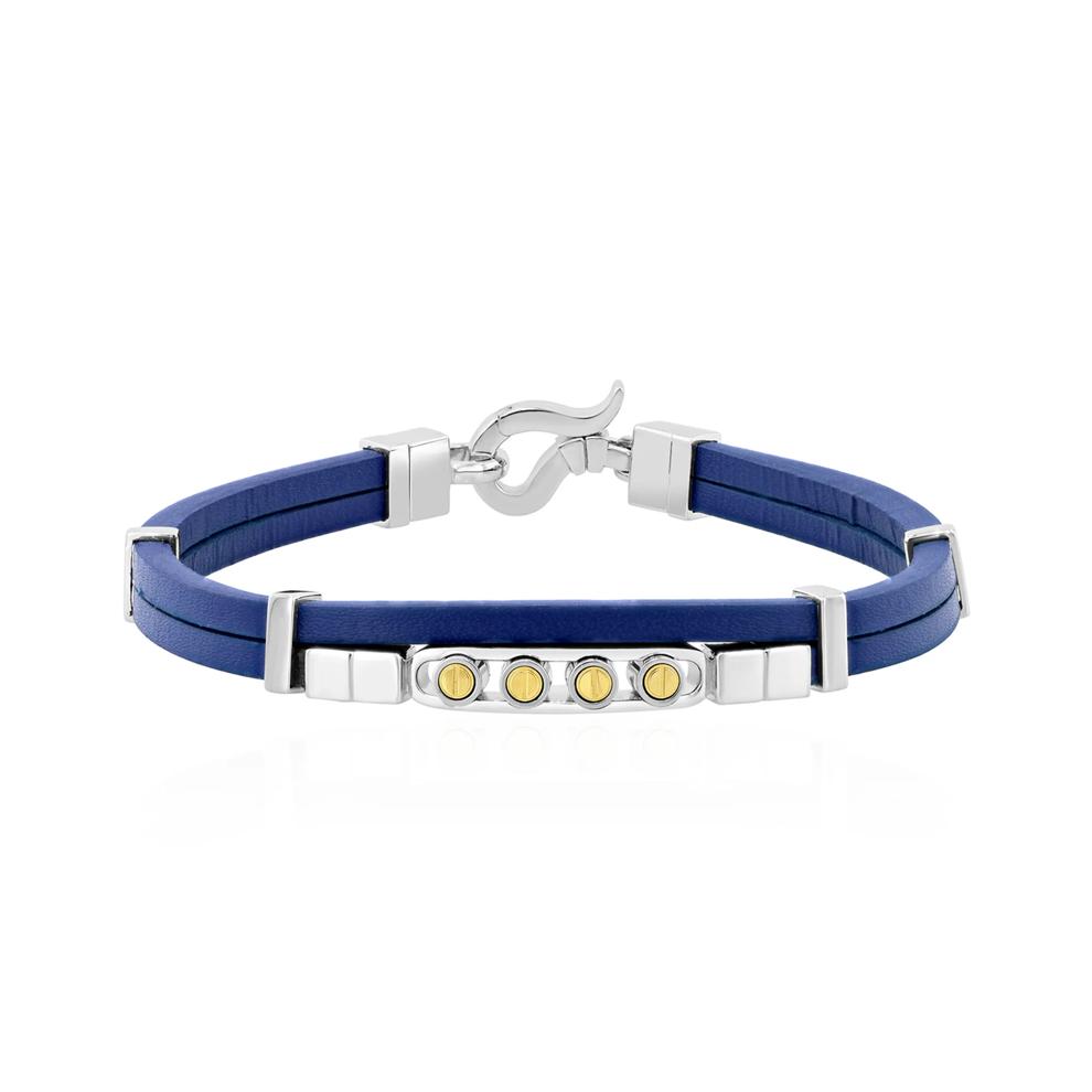 Men's Double Flat Blue Leather Screw Bracelet in Vermeil and Sterling Silver, 8.5" – Image 1 of 3