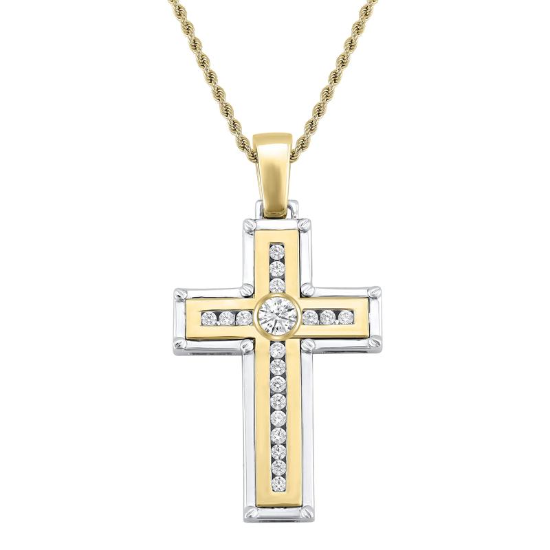 Lab Grown Diamond Cross Pendant in 10K White and Yellow Gold &#40;1 ct. tw.&#41; – Image 1 of 2