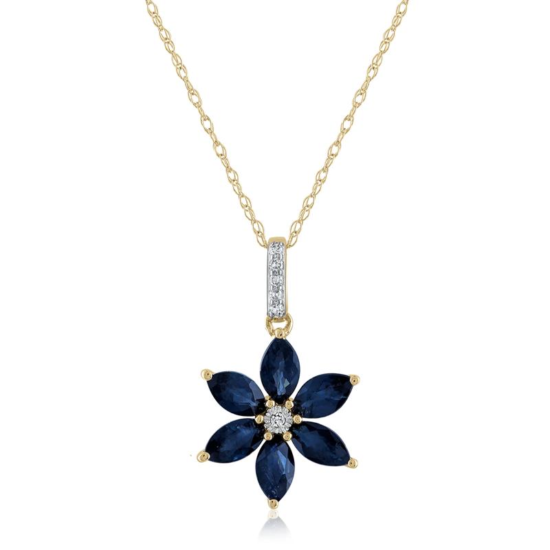 Blue Sapphire &amp; Diamond Accent Flower Pendant in 14K Yellow Gold – Image 1 of 3