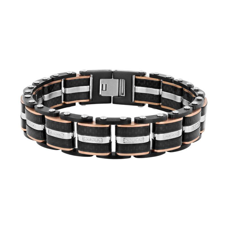 Diamond Link Bracelet in Ion-Plated Stainless Steel and Carbon Fiber, 15MM, 8.5&rdquo; &#40;1/3 ct. tw.&#41; – Image 1 of 3