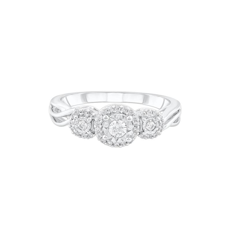 Three-Stone Halo Engagement Ring with Illusion Setting in 10K White Gold &#40;1/4 ct. tw.&#41; – Image 1 of 3