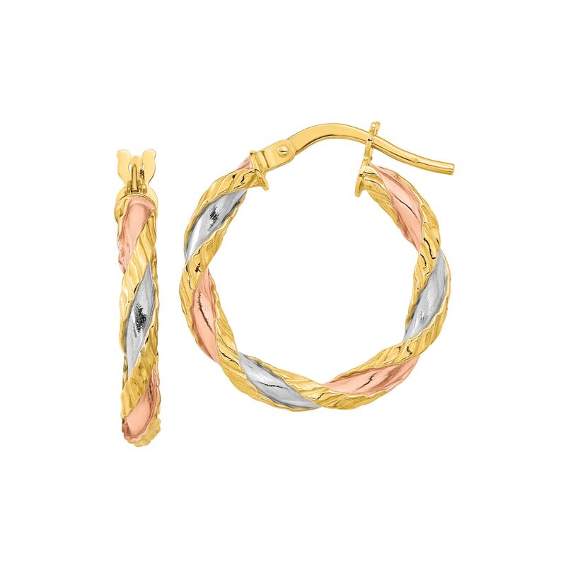 Twist Texture Hoop Earrings with White and Rose Rhodium Accents in 14K Yellow Gold – Image 1 of 1