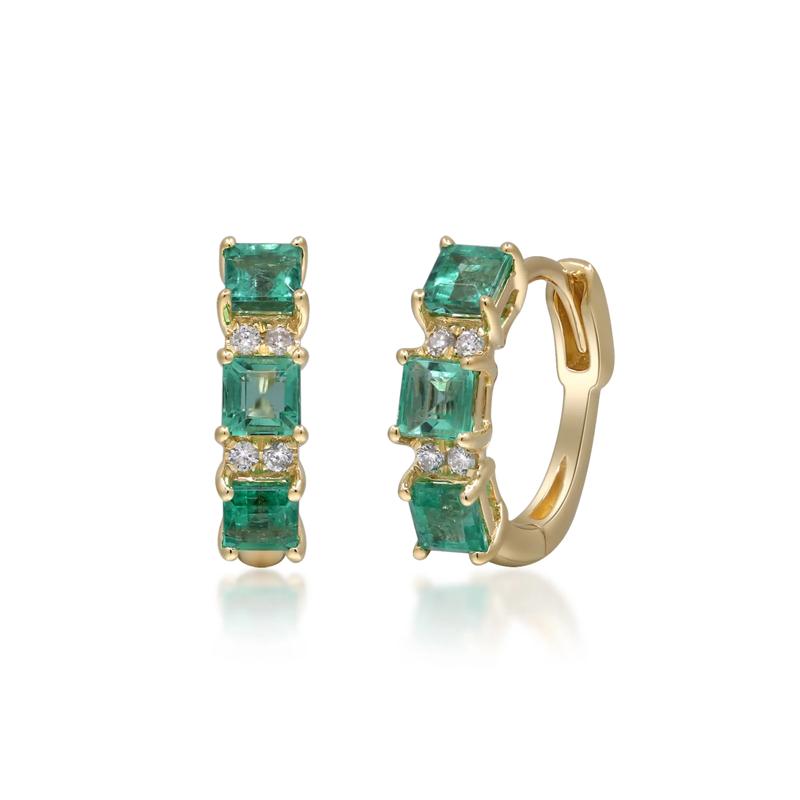 Emerald and Diamond Accent Huggie Hoop Earrings in 10K Yellow Gold – Image 1 of 3