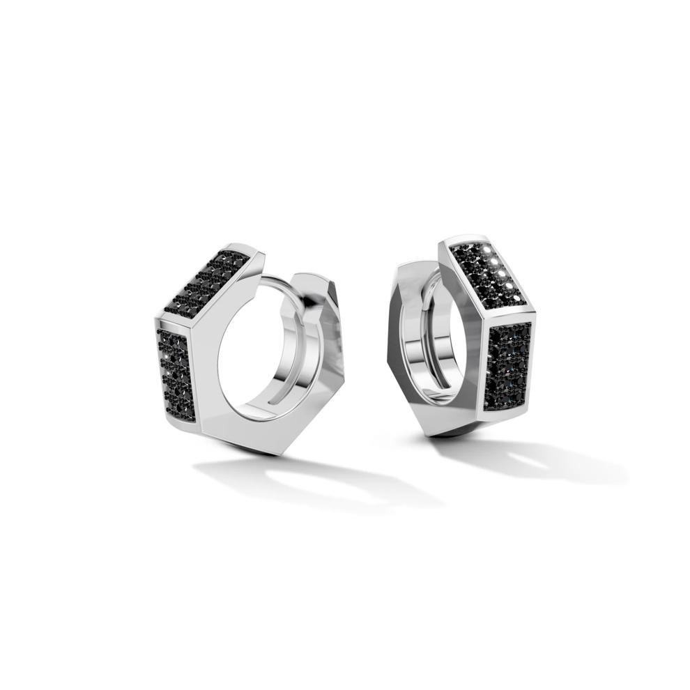 Men's Black Lab Grown Diamond Hex Nut Design Huggie Hoop Earrings in Sterling Silver, 13x15MM (1/4 ct. tw.) – Image 1 of 4