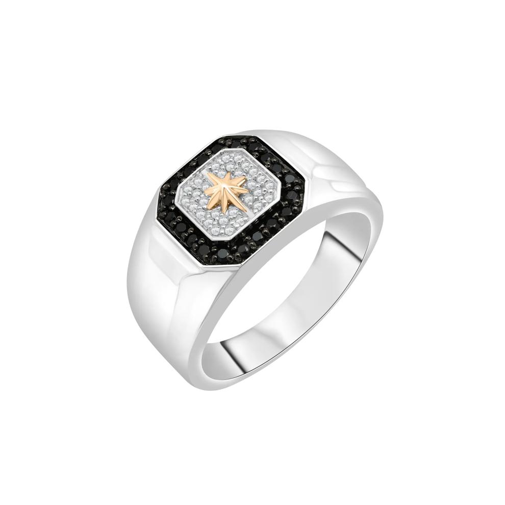 Men's Black and White Diamond Starburst Ring in Sterling Silver and 10K Yellow Gold (1/3 ct. tw.) – Image 5 of 5