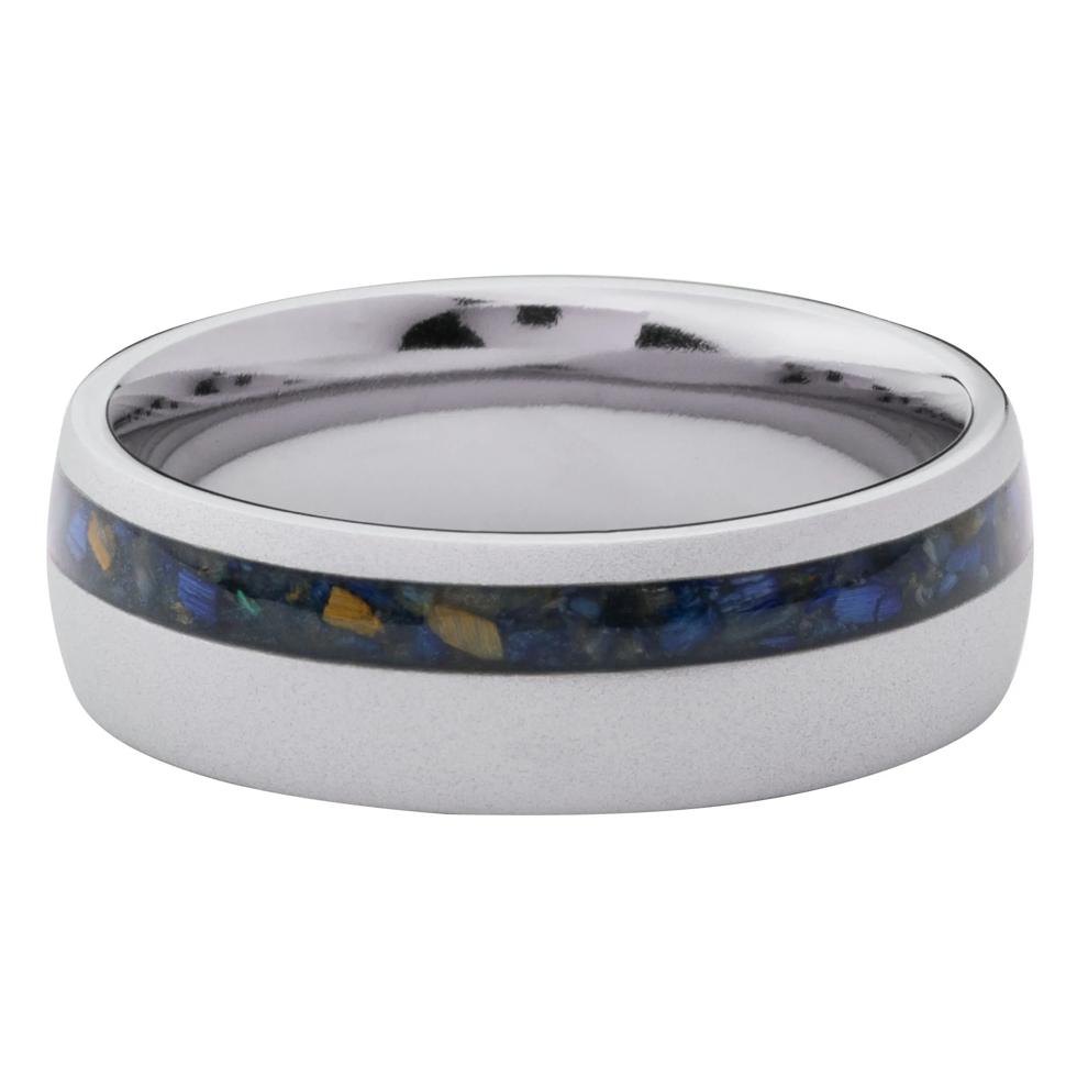 Men&rsquo;s Blue Tiger&rsquo;s Eye Mosaic Inlay Wedding Band in Titanium, 7MM – Image 1 of 3