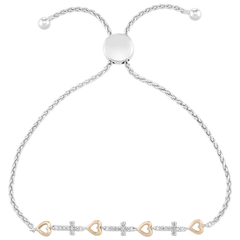 Diamond Cross and Heart Bolo Bracelet in 10K Rose Gold and Sterling Silver &#40;1/10 ct. tw.&#41; – Image 1 of 2