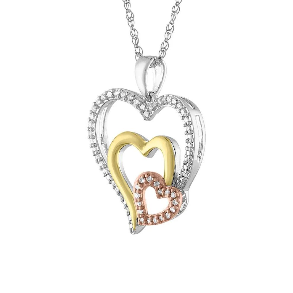 1/8 ct. tw. Diamond Triple Heart Tricolor Pendant in Sterling Silver &amp; 10K Gold – Image 2 of 2