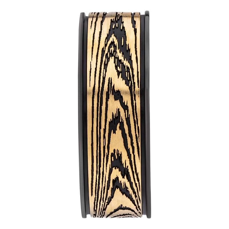 Men&#39;s Woodgrain Pattern Band in Zirconium and 14K Yellow Gold – Image 3 of 3