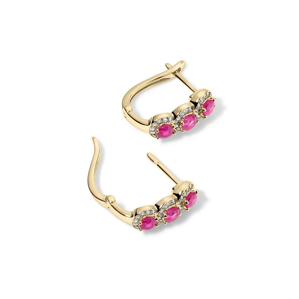 Ruby &amp; Diamond Three-Stone Hoop Earrings in 10K Yellow Gold (1/4 ct. tw.) – Image 2 of 2