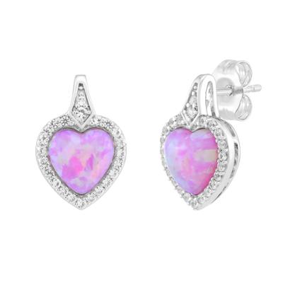 Lab-Created Pink Opal & Lab-Created White Sapphire Heart-Shaped Halo Stud Earrings in Sterling Silver