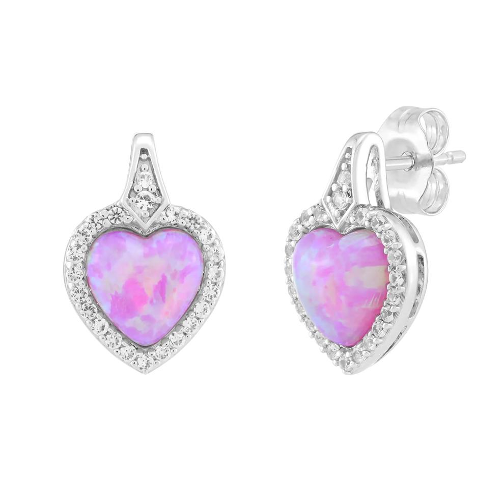 Lab-Created Pink Opal &amp; Lab-Created White Sapphire Heart-Shaped Halo Stud Earrings in Sterling Silver – Image 1 of 1