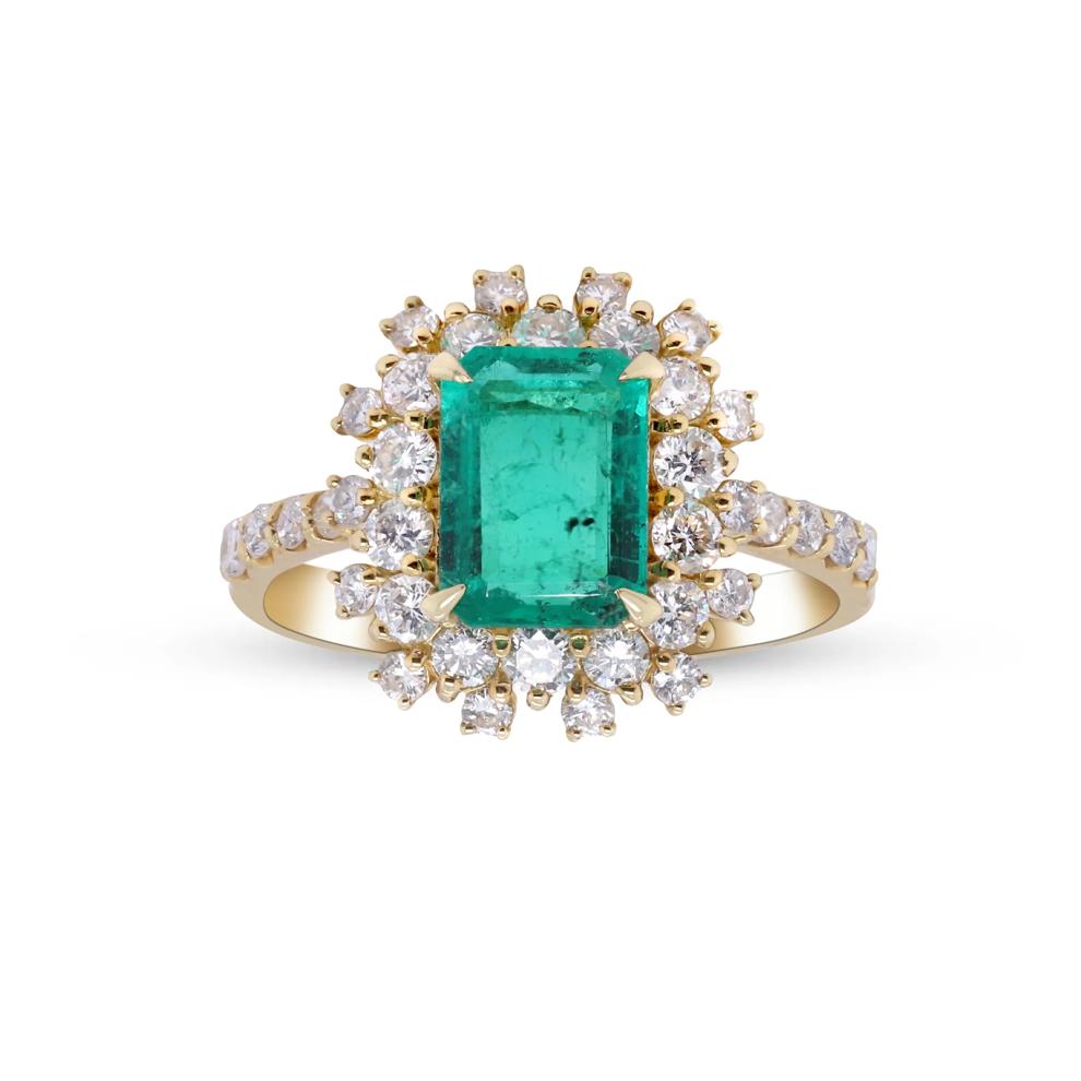 Emerald &amp; Round Diamond Ring in 18K Yellow Gold (7/8 ct. tw.) – Image 1 of 4