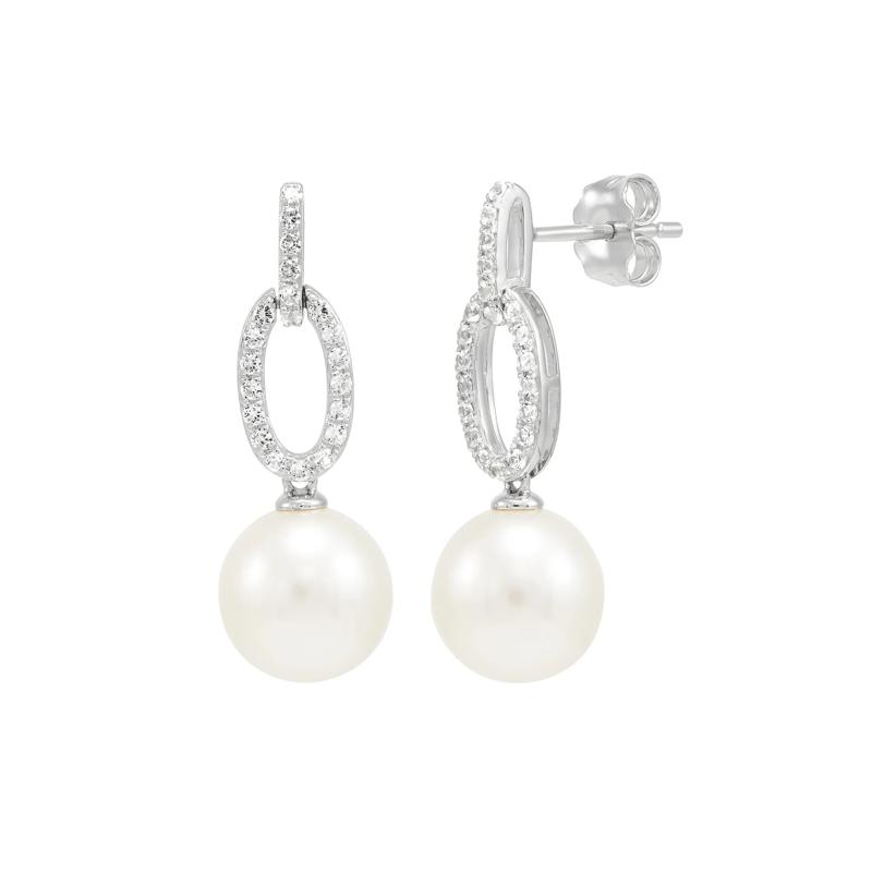 Freshwater Pearl &amp; White Sapphire Drop Earrings in Sterling Silver – Image 1 of 1