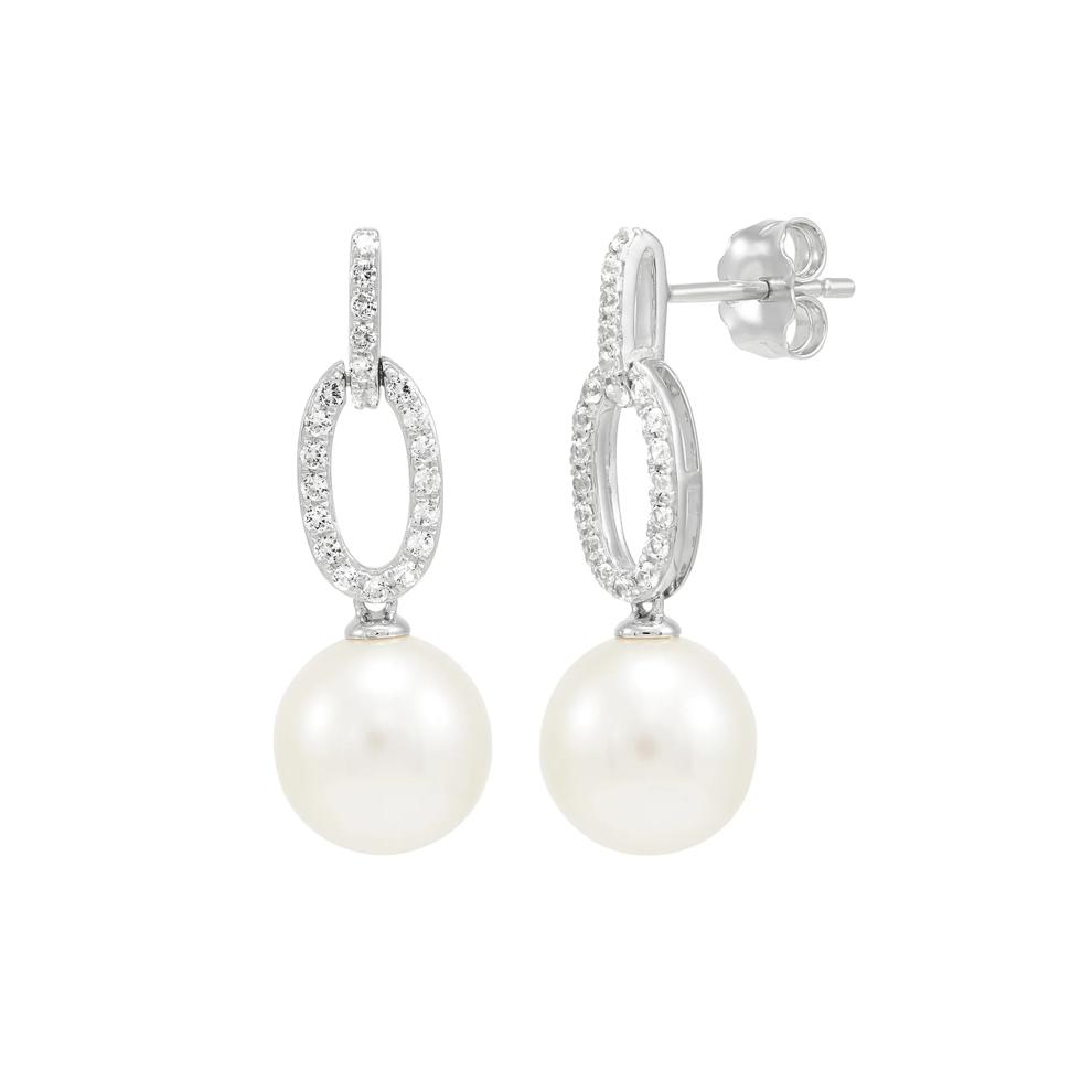 Freshwater Pearl &amp; White Sapphire Drop Earrings in Sterling Silver – Image 1 of 1