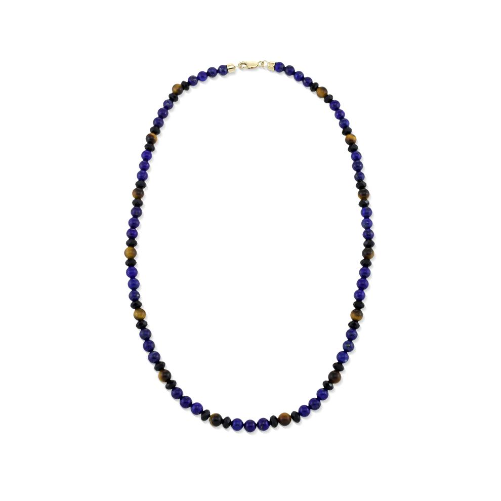 Men's Tiger's Eye, Blue Lapis, &amp; Black Agate Bead Necklace in 10K Yellow Gold – Image 3 of 4