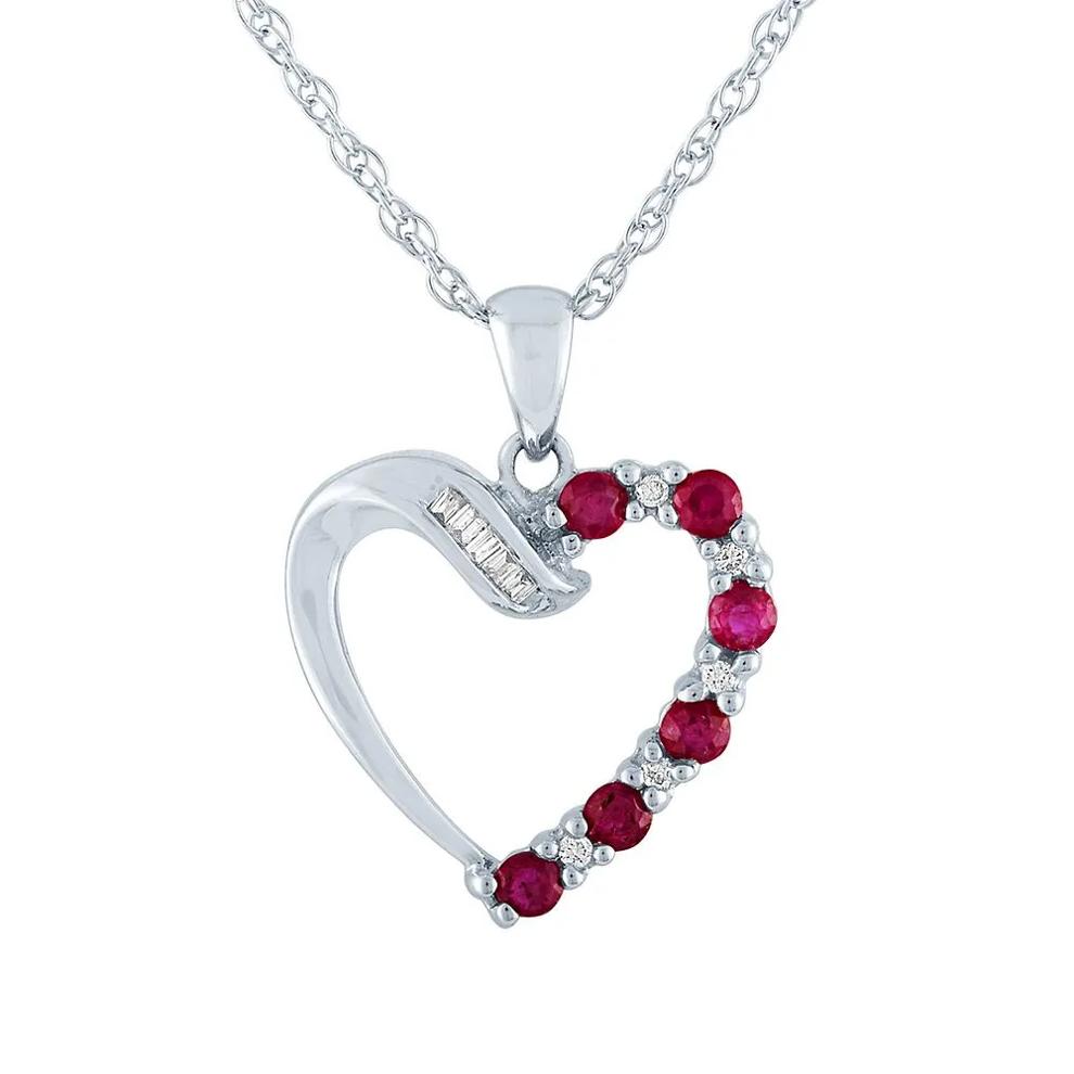 Ruby &amp; Diamond Heart Pendant in 10K White Gold – Image 1 of 2