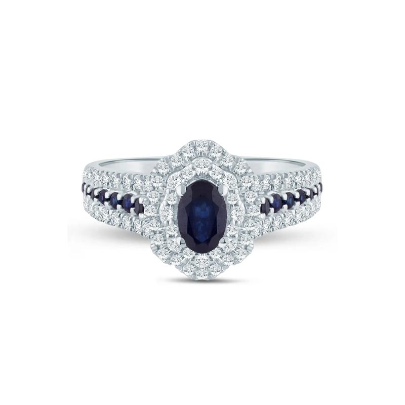 Blue Sapphire and Diamond Halo Ring in 14K White Gold &#40;1/2 ct. tw.&#41; – Image 1 of 3