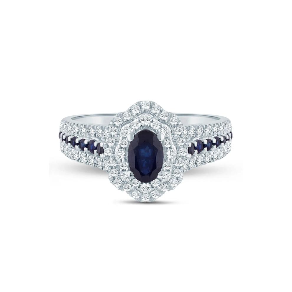Blue Sapphire and Diamond Halo Ring in 14K White Gold (1/2 ct. tw.) – Image 1 of 3