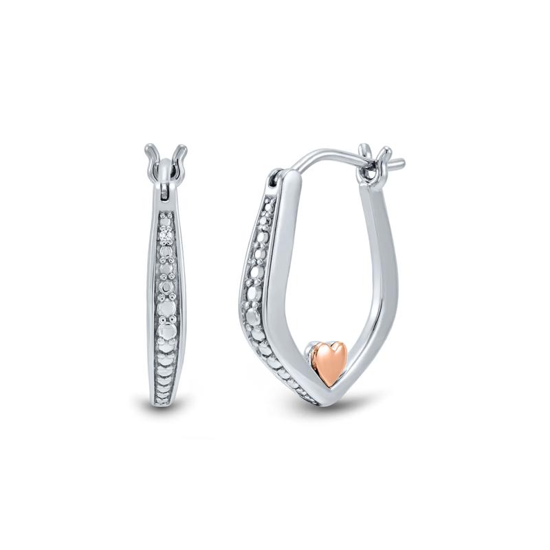 Diamond Accent Hoop Earrings in Sterling Silver and 14K Rose Gold – Image 1 of 1