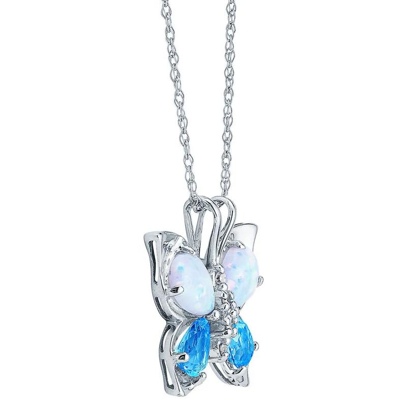 Lab Created Opal, Blue Topaz &amp; Diamond Butterfly Pendant in 10K White Gold – Image 2 of 3
