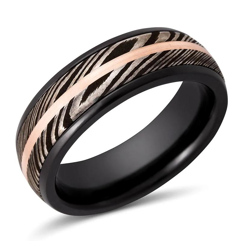 Men&#39;s Band in Zirconium, Damascus Steel &amp; 14K Rose Gold, 7MM – Image 3 of 3