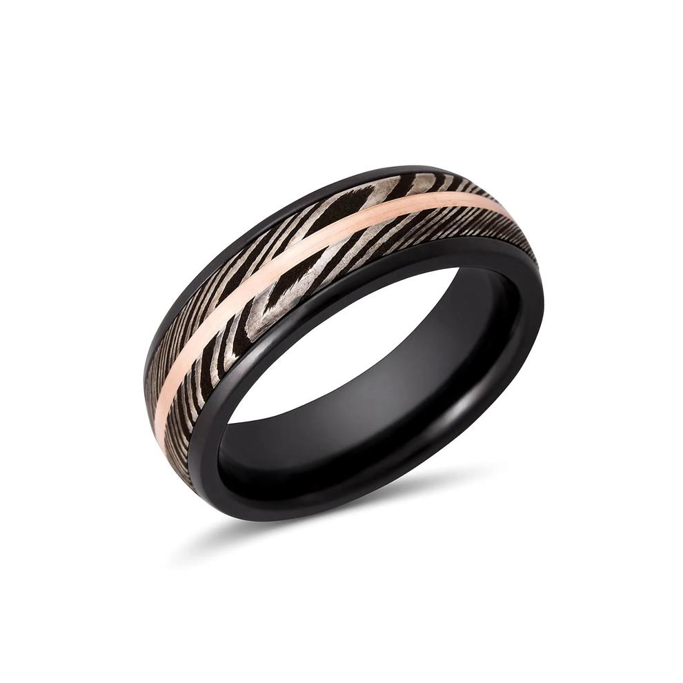Men's Band in Zirconium, Damascus Steel &amp; 14K Rose Gold, 7MM – Image 3 of 3