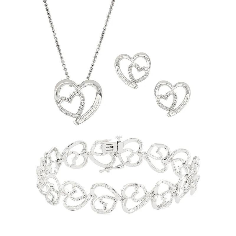 Diamond Double Heart Bracelet, Pendant &amp; Earrings Box Set in Sterling Silver – Image 1 of 4