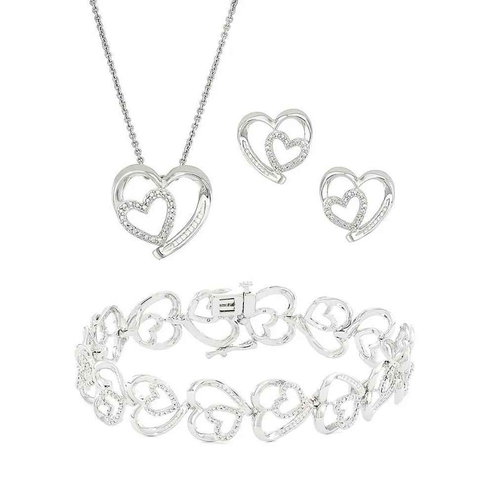 Diamond Double Heart Bracelet, Pendant &amp; Earrings Box Set in Sterling Silver – Image 1 of 4