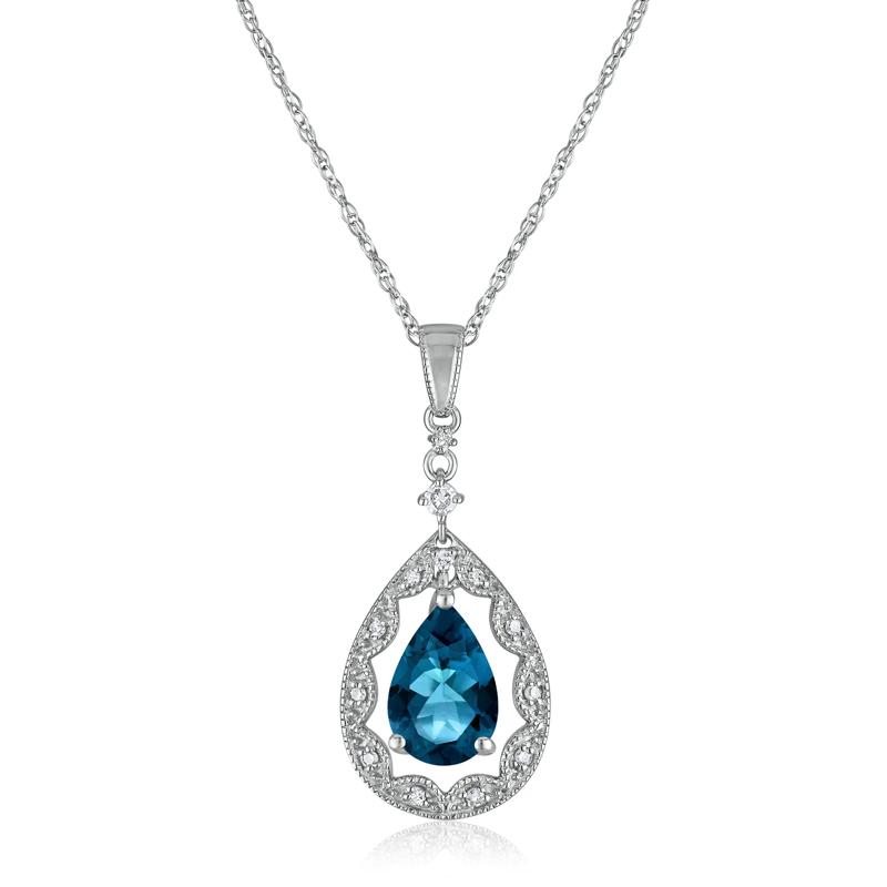 Pear-Shaped London Blue Topaz and Diamond Accent Necklace in 14K White Gold – Image 1 of 3