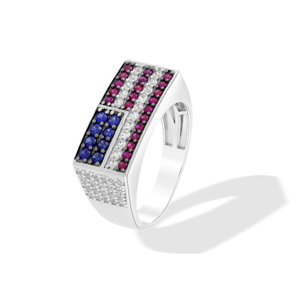 Men's Lab-Created Blue Sapphire, Lab-Created White Sapphire &amp; Lab-Created Ruby American Flag Ring in Sterling Silver – Image 4 of 4