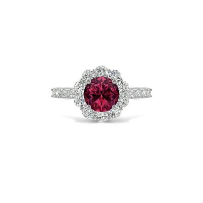 Round Lab Created Ruby & Moissanite Halo Ring in 14K White Gold