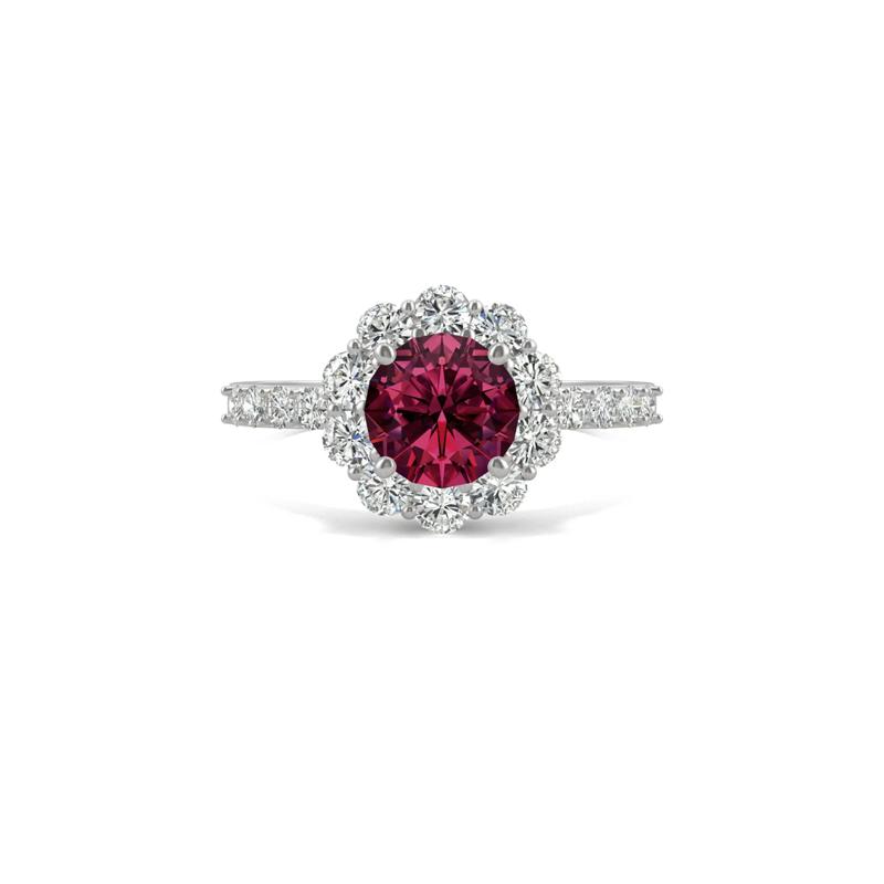 Round Lab Created Ruby &amp; Moissanite Halo Ring in 14K White Gold – Image 1 of 5