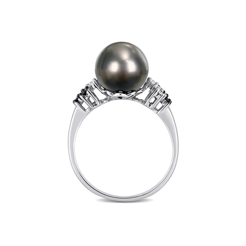 Black Tahitian Pearl &amp; 1/8 ct. tw. Diamond Ring in 10K White Gold – Image 2 of 4