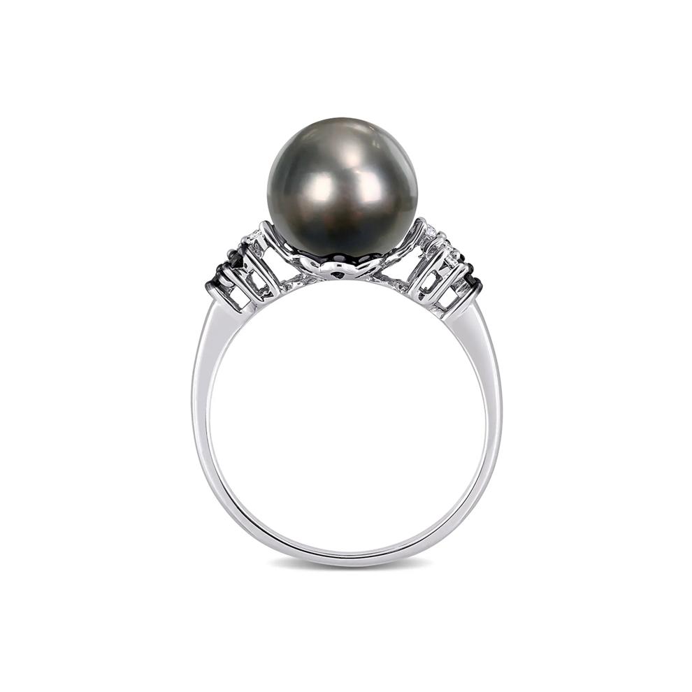 Black Tahitian Pearl &amp; 1/8 ct. tw. Diamond Ring in 10K White Gold – Image 2 of 4