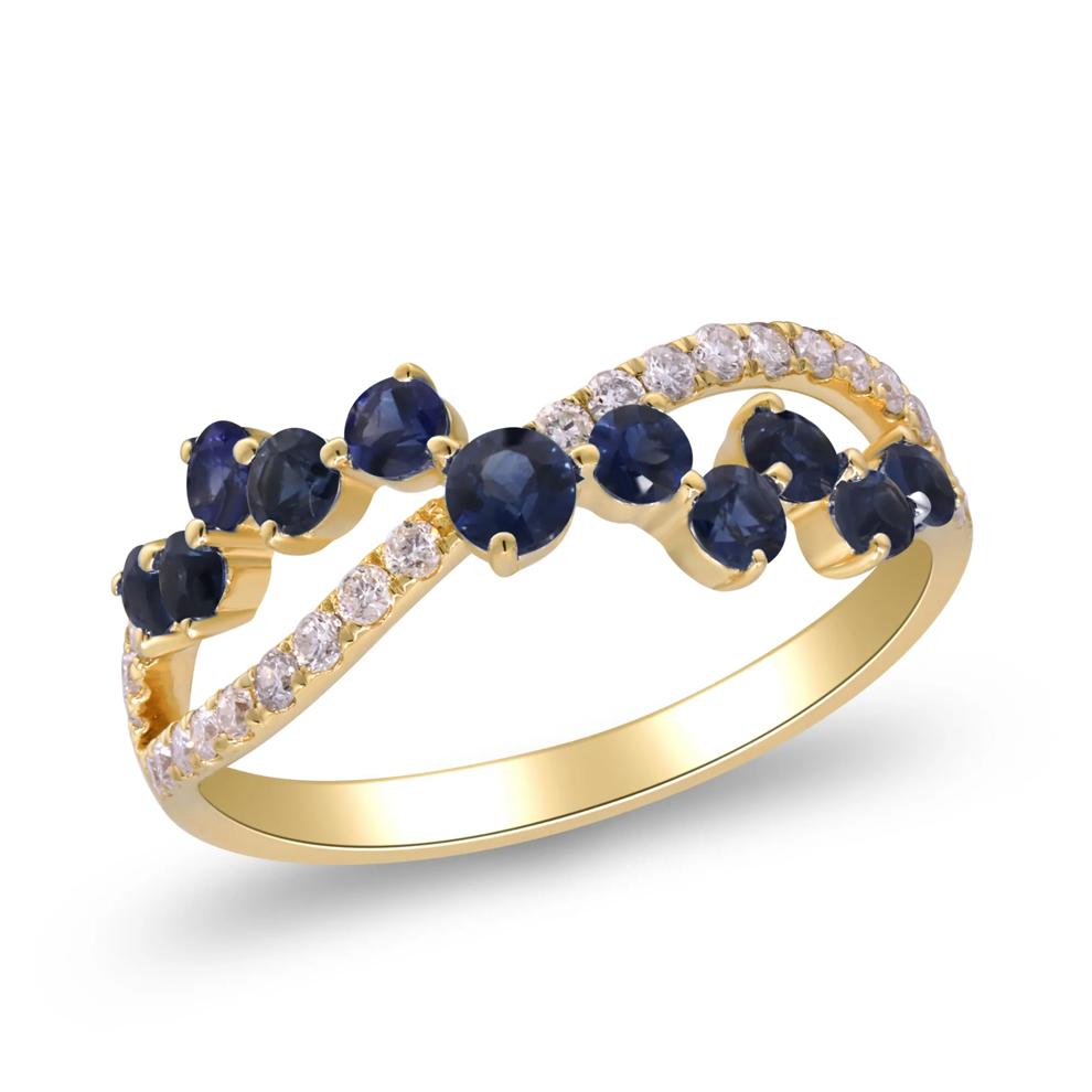 Blue Sapphire &amp; Round Diamond Scatter Crossover Ring in 10K Yellow Gold (1/4 ct. tw.) – Image 4 of 5