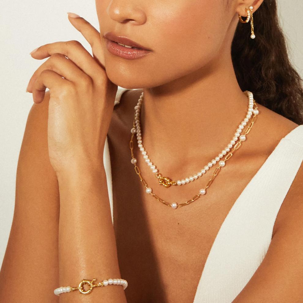 Pearl and Paperclip Chain Station Necklace in Vermeil, 18" – Image 4 of 7