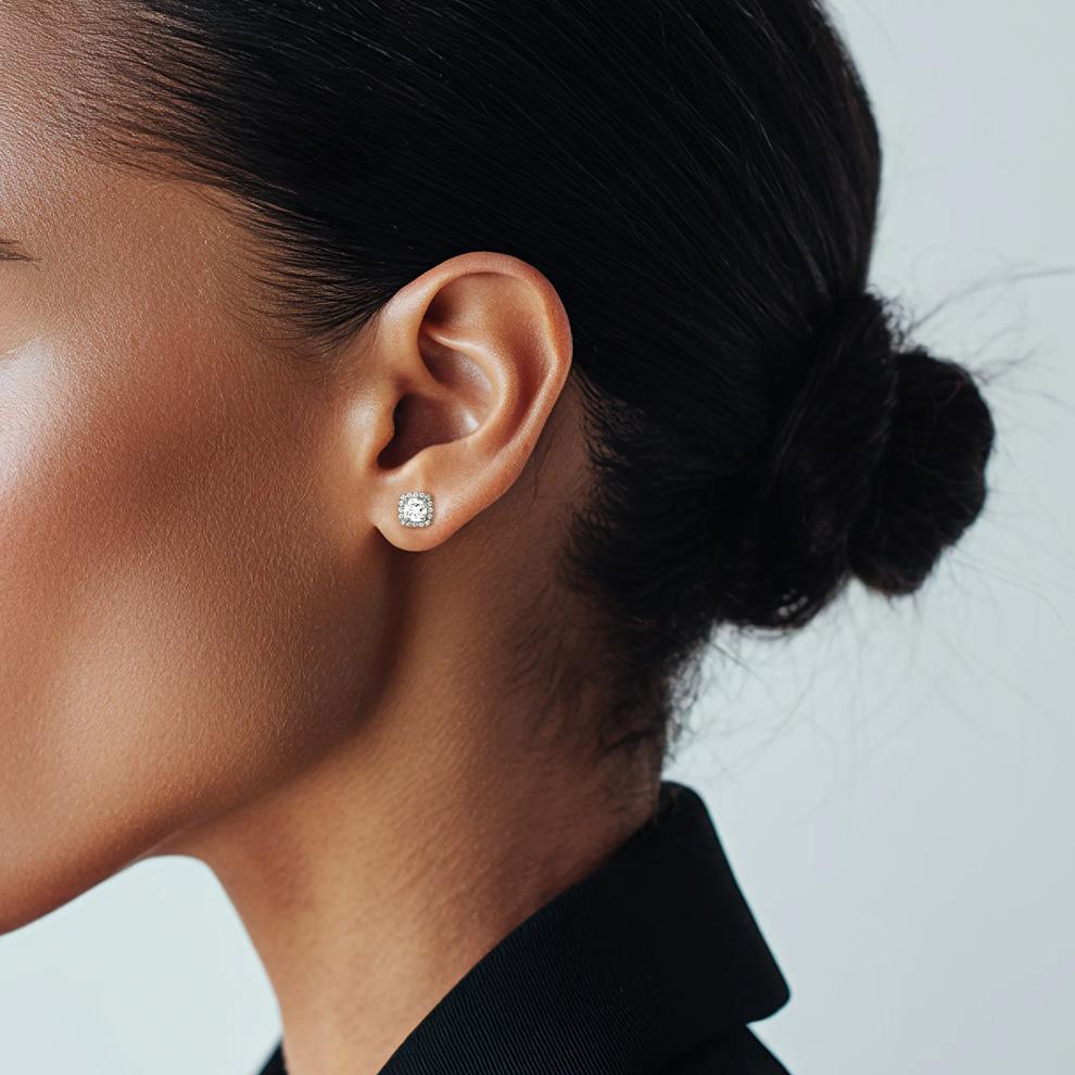 Lab Created White Sapphire Halo Earrings in Sterling Silver – Image 3 of 3