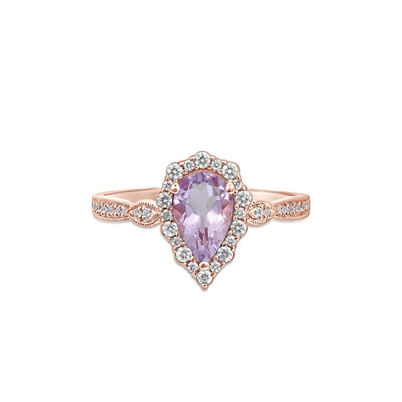 Pear-Shaped Rose De France Amethyst &amp; Diamond Engagement Ring in 14K Rose Gold &#40;1/3 ct. tw.&#41; – Image 1 of 3