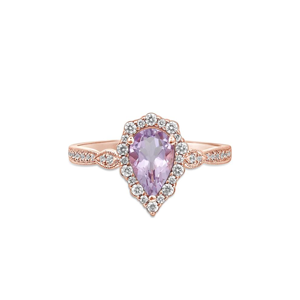 Pear-Shaped Rose De France Amethyst &amp; Diamond Engagement Ring in 14K Rose Gold (1/3 ct. tw.) – Image 1 of 3