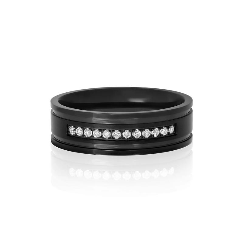 Men&rsquo;s Diamond Ring in Black Ion-Plated Stainless Steel, 7mm &#40;1/7 ct. tw.&#41; – Image 1 of 3